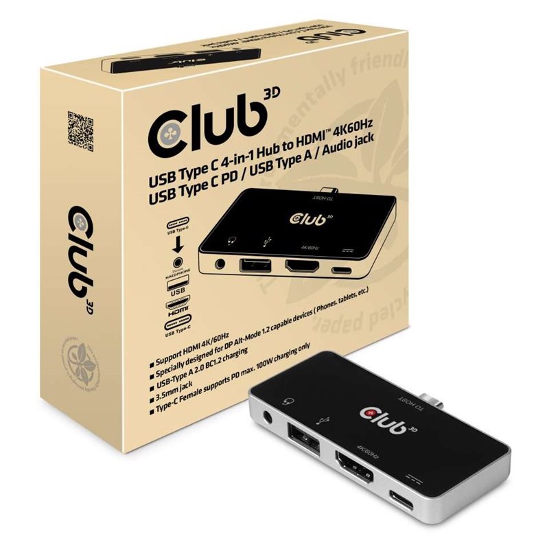 Club 3D USB Type-C 4-in-1 Hub to HDMI 4K60Hz USB Type-C PD 100W -telakointiasema