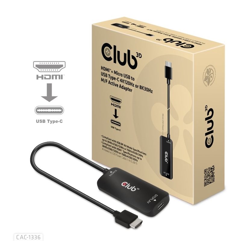 Club 3D HDMI 2.1 + Micro USB -> USB Type-C aktiivinen adapteri, musta