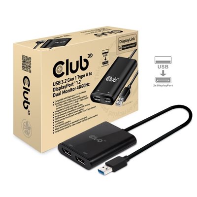 Club 3D 3.2 Gen1 USB-A -> DisplayPort 1.2 Dual Monitor -adapteri, 4K60Hz, musta
