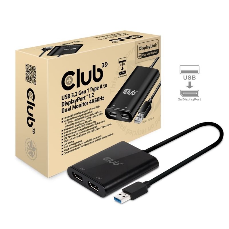 Club 3D USB A - DisplayPort 1.2 Dual Monitor -adapteri, 4K60Hz, musta