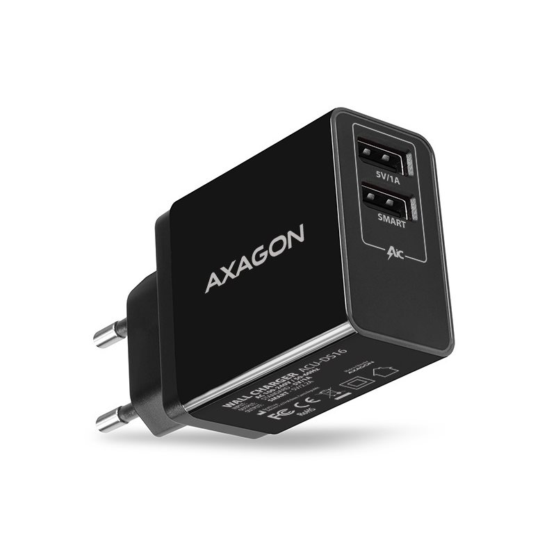 AXAGON 16W verkkovirtalaturi, 2x USB-A, musta