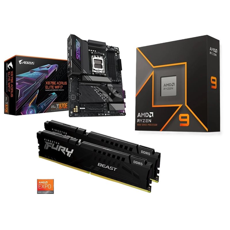 Gigabyte X870E AORUS ELITE WIFI7 + Ryzen 9 9950X + 32GB DDR5 6000MHz -tuotepaketti