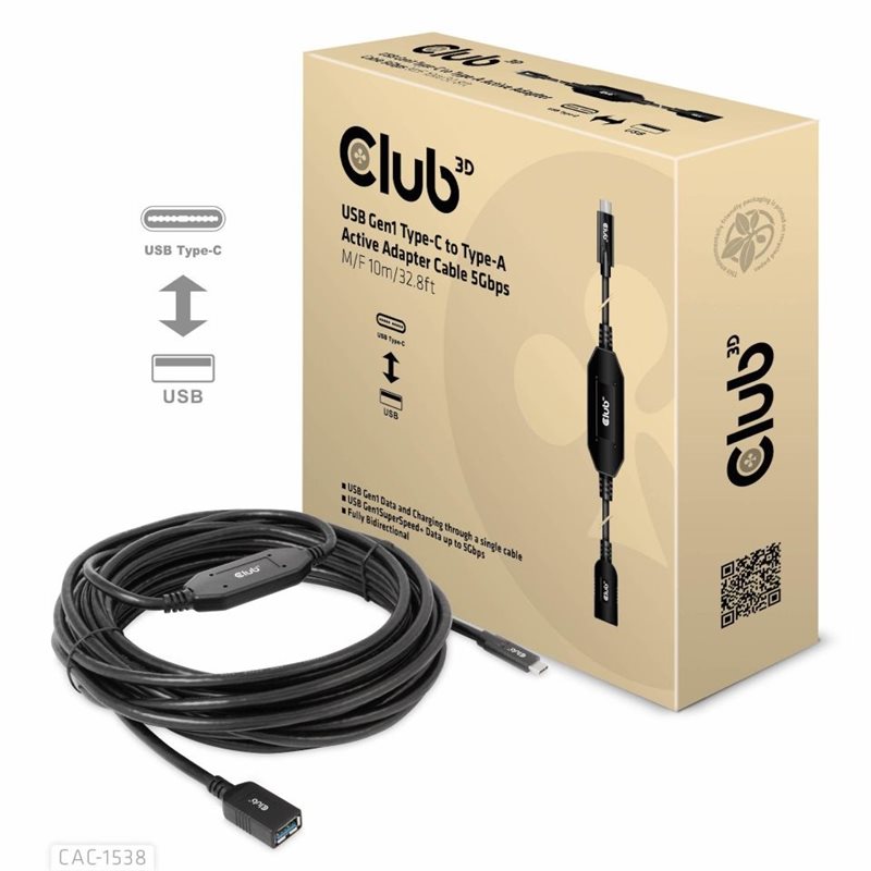 Club 3D 3.2 Gen1 USB-C - USB-A, aktiivijatkokaapeli, uros-naaras, 10m, musta