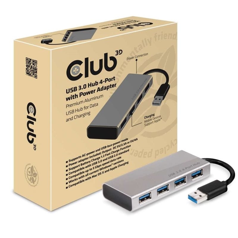 Club 3D 3.1 Gen1 USB-A -hubi, 4x USB-A, lisävirralla, hopea