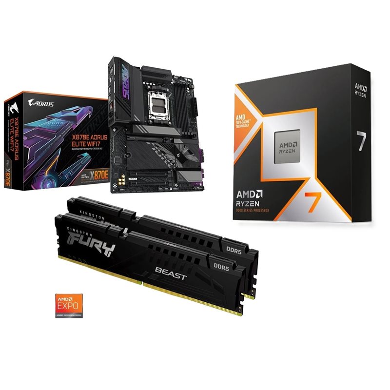Gigabyte X870E AORUS ELITE WIFI7 + Ryzen 7 9800X3D + 32GB DDR5 6000MHz -tuotepaketti