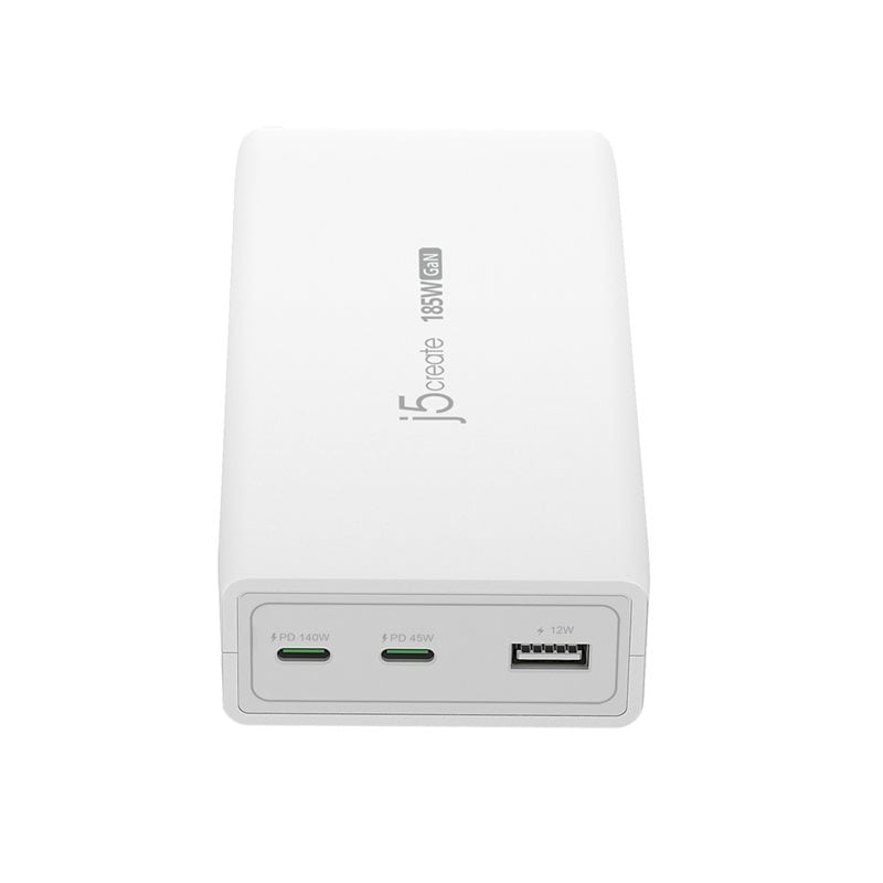 j5create 185W GaN-verkkovirtalaturi, 2x USB-C, USB-A, valkoinen