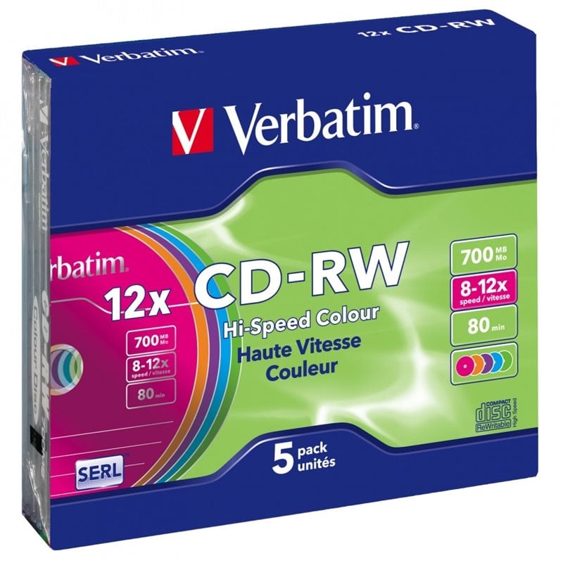 Verbatim CD-RW 700MB/80min, 12x, värilliset levyt, slimcase, 5kpl