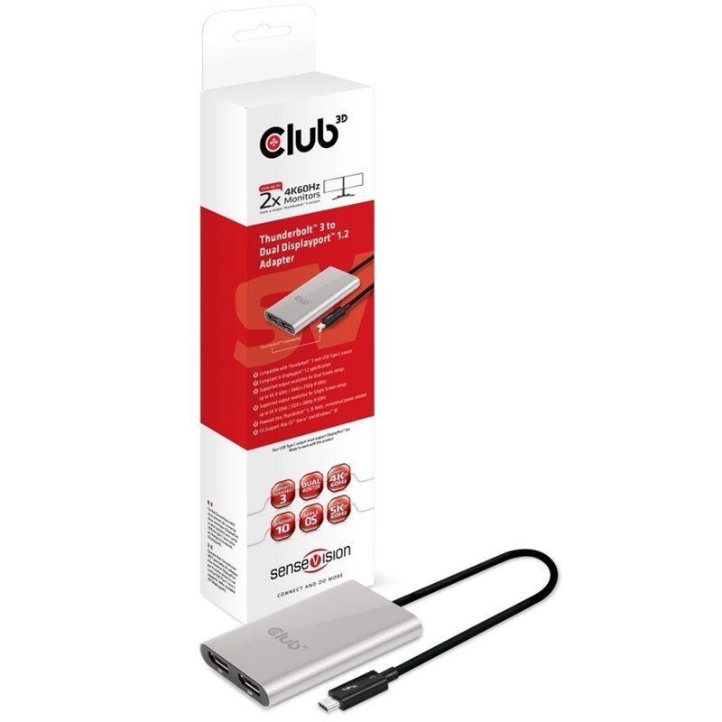Club 3D SenseVision Thunderbolt 3 -> Dual DisplayPort 1.2 -adapteri, hopea/musta
