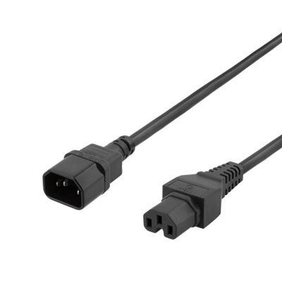 Deltaco Maadoitettu laitekaapeli, C15 -> C14, 1m, musta