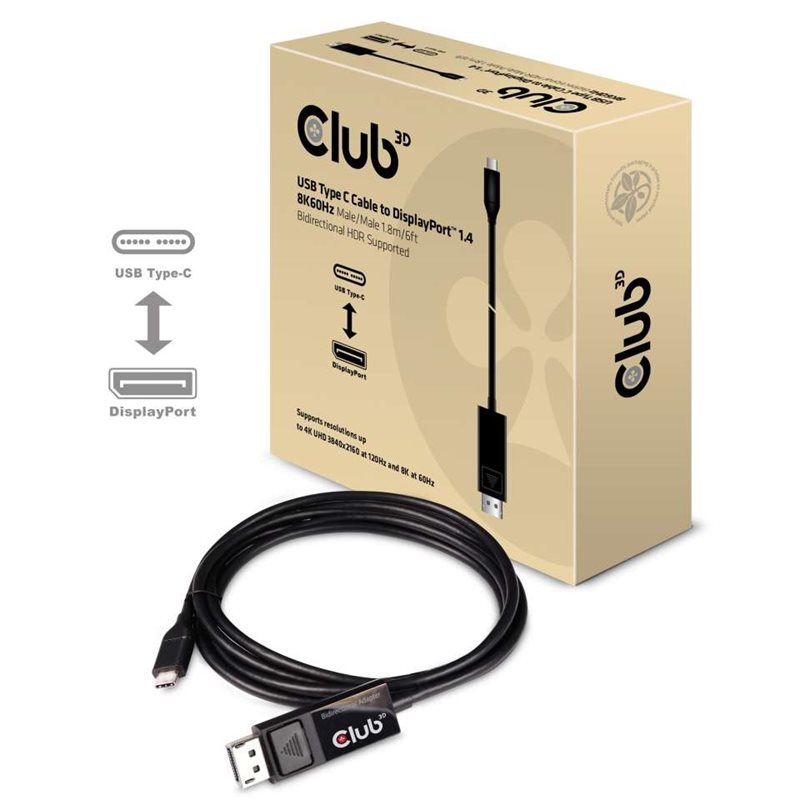Club 3D USB-C -> DisplayPort 1.4 -kaapeli, 1,8m, musta