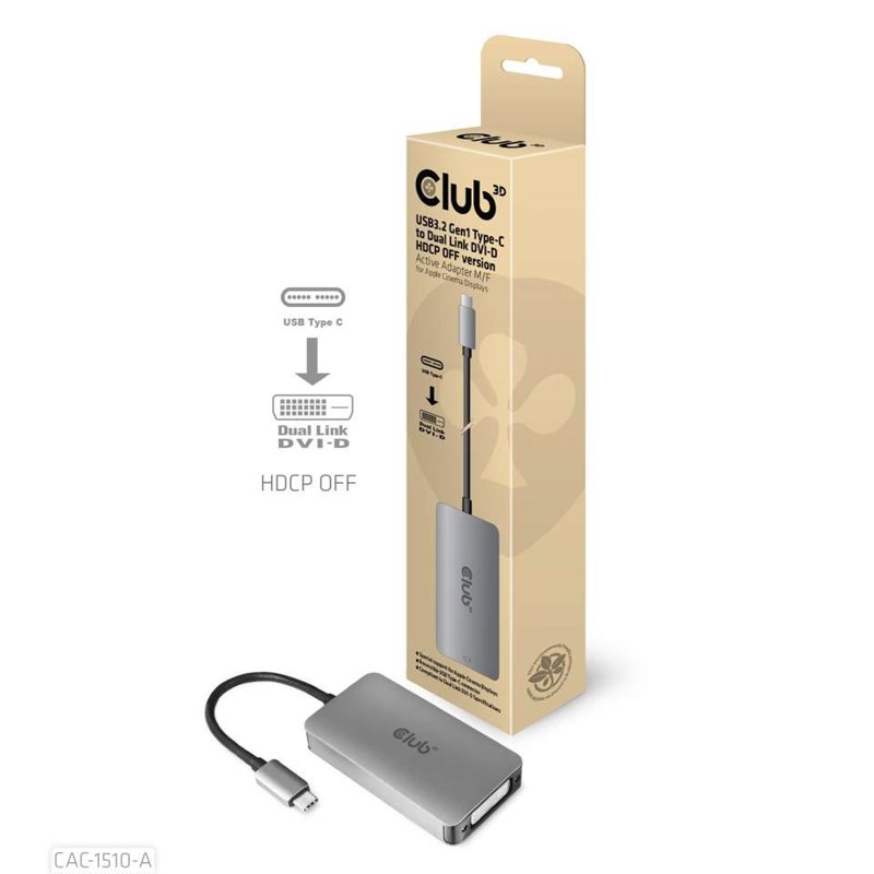 Club 3D USB 3.2 Gen1 Type-C to Dual Link DVI-D HDCP OFF version, aktiivinen adapteri, harmaa/musta
