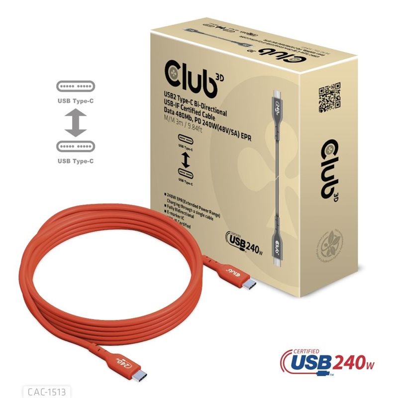 Club 3D 2.0 USB-C -kaapeli, PD3.1 5A 240W, 3m, punainen