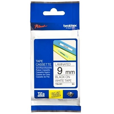 Brother TZe 221 laminaattinauha, musta valkoisella, 9mm, 8m, alkuperäinen