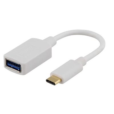 Deltaco 3.2 Gen1 USB-C uros -> USB-A naaras -adpateri, 0,15m, valkoinen
