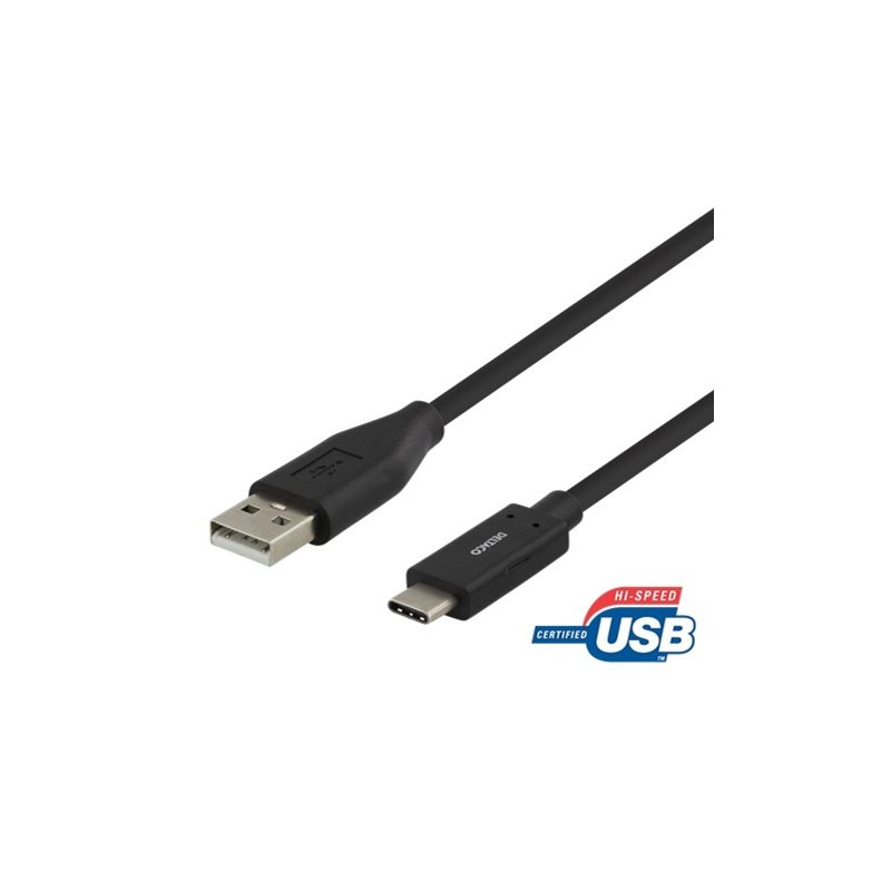Deltaco 2.0 USB-A - USB-C -kaapeli, 3A, 1m, musta