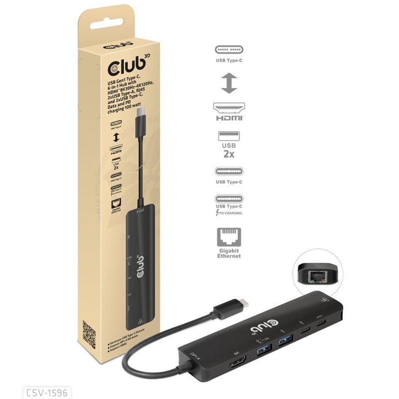 Club 3D USB Gen1 Type-C 6-in-1 Hub, musta