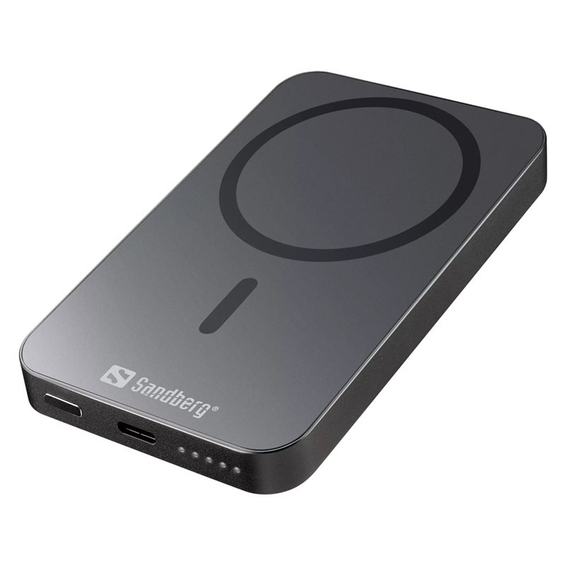 Sandberg 5000mAh Mag Wireless Powerbank, MagSafe/Qi langaton lataus 15W, USB-C PD 20W, musta