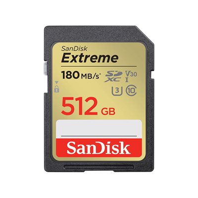 Sandisk 512GB Extreme, SDXC -muistikortti, UHS-I V30 U3, 180/130 MB/s