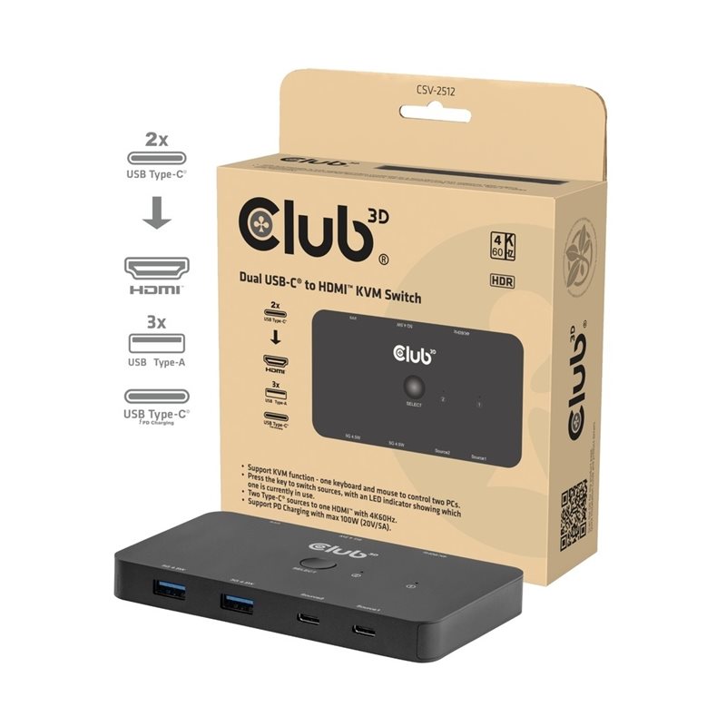 Club 3D USB-C KVM-kytkin, HDMI 4K60Hz + 3x USB-A 5 Gbps + PD 100W, musta